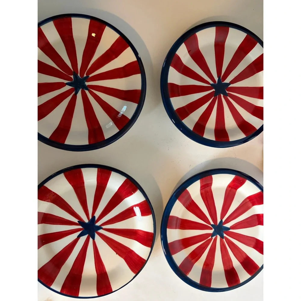 Set of 4 Patriotic Painted Dessert Plates Stars Stripes Nantucket Ceramic Rustic